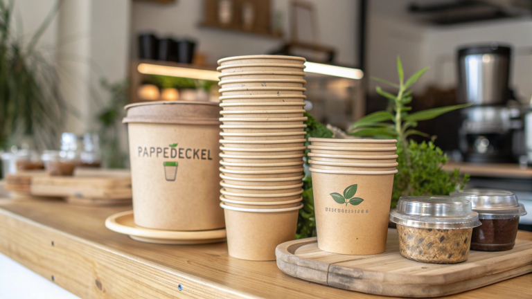 Eco-friendly Pappedeckel cardboard lids stacked on cups and jars, highlighting sustainable packaging alternatives to plastic.Eco-friendly Pappedeckel cardboard lids stacked on cups and jars, highlighting sustainable packaging alternatives to plastic.