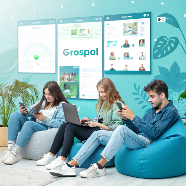 A diverse group of young people using smartphones and laptops in a modern, bright space, with a large digital screen showing the Grospal social media interface featuring personalized feeds, community hubs, and multimedia posts.