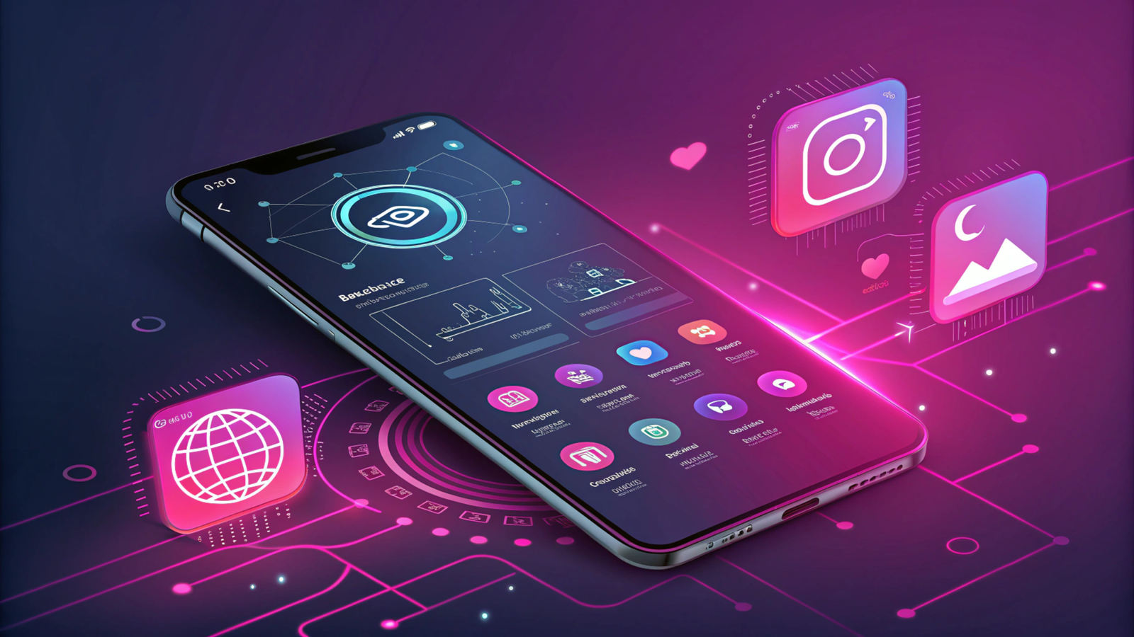 Smartphone showing futuristic Instagram-style interface with extra features, representing Instander v18.1 mod app.