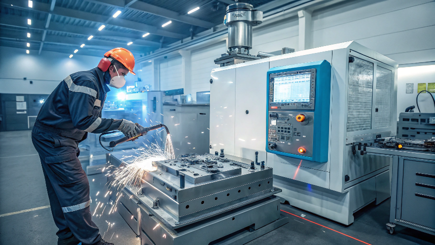 A realistic image of a repmold manufacturing process with a steel mold and injection molding machine producing precise industrial components.